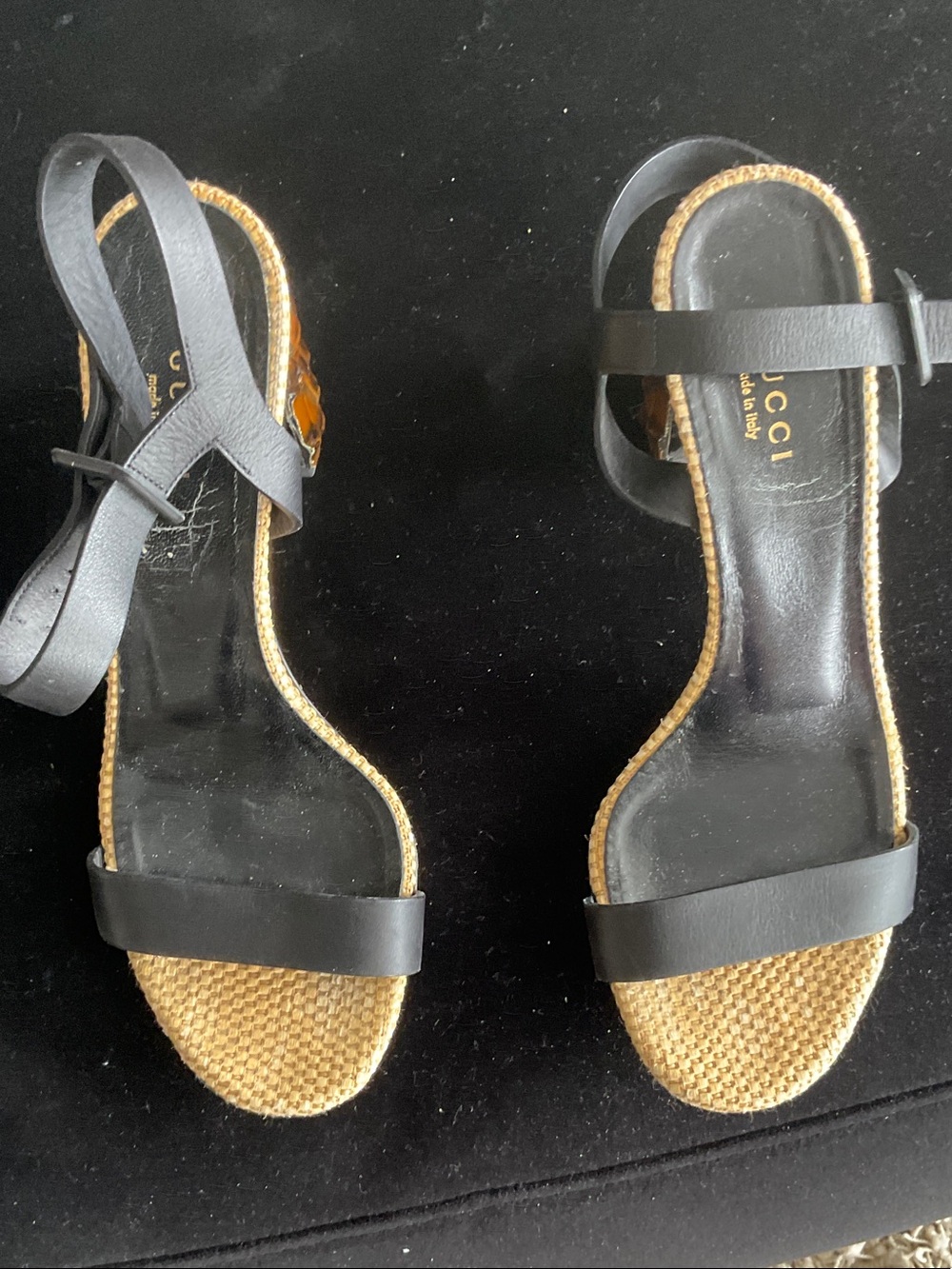 Gucci Black Leather Sandals with Natural Woven Toe